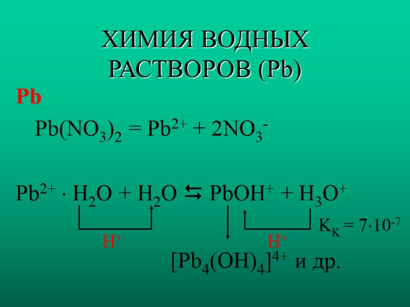 ХИМИЯ ВОДНЫХ РАСТВОРОВ (Pb) Pb  Pb(NO3)2  = Pb2+ + 2NO3-  Pb2+